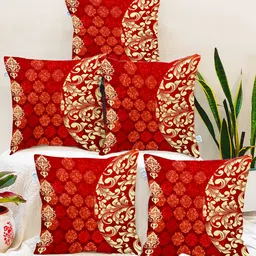 STITCHNEST Maroon & Beige Set of 5 Ethnic Motifs Square Cushion Covers-12