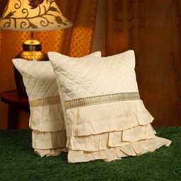 HOSTA HOMES Beige & Gold-Toned Set of 2 Satin Square Cushion Covers-21