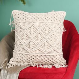 Kaahira Off White Cotton Macrame Square Cushion Cover-image-13