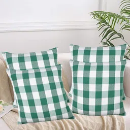 Lushomes Green & White 4 Pieces Checked Cotton Square Cushion Covers-image-51