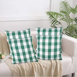 Lushomes Green & White 4 Pieces Checked Cotton Square Cushion Covers-10