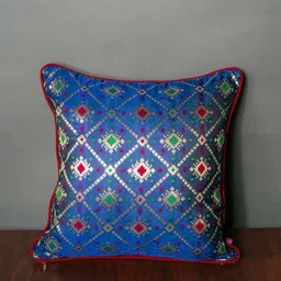 RoyalDeco Blue & Red Geometric Bandhani Brocade Square Cushion Cover-image-62