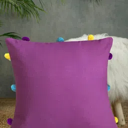 Lushomes Purple & Blue Pom Poms Cotton Square Cushion Cover-image-9
