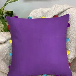 Lushomes Purple Cotton Square Cushion Cover With Pom Pom-image-30