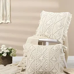 Textile and Beyond Off White 2 Pieces Cotton Square Cushion Covers-11