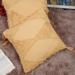 HOSTA HOMES Yellow Set of 2 Self Design Square Pure Cotton Cushion Covers-image-89