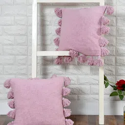 HOMADORN Lavender 2 Pieces Self Design Cotton Square Cushion Covers with Tassels-58