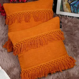HOSTA HOMES Orange Set Of 2 Self Design Square Pure Cotton Cushion Covers-image-80
