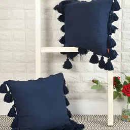 HOMADORN Navy Blue 2 Pieces Cotton Square Cushion Covers with Tassels-picture-20