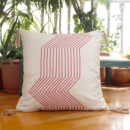 ZEBA Off White & Red Geometric Square Cushion Cover-48