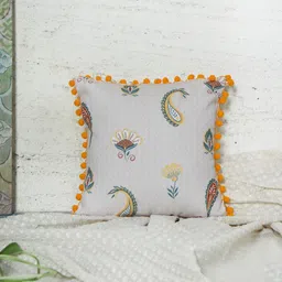 ZEBA Off White & Green Floral Printed Pompoms Detail Square Cushion Cover-12