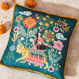 Chumbak Marigold Gala Blue & White Floral Square Cushion Cover-13