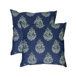 Texstylers Navy Blue & White 2 Pieces Floral Cotton Square Cushion Covers-image-91