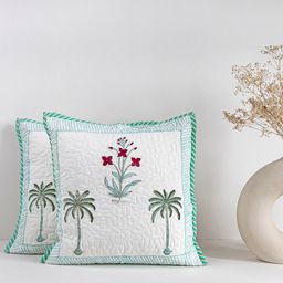 HOMEMONDE Hand Block Green & White Set of 2 Floral Square Cushion Covers-44