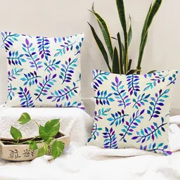 STITCHNEST Cream-Coloured & Blue Set of 2 Floral Square Cushion Covers-11