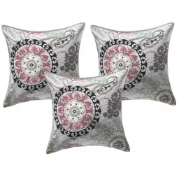 INDHOME LIFE Grey & Pink Set of 3 Floral Square Cushion Covers-3