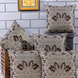 Nendle Coffee Brown & Gold-Toned Set of 5 Floral Square Cushion Covers-image-2