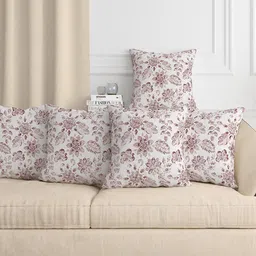 Aura Red & White Set of 5 Floral Square Cushion Covers-14