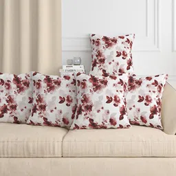 Aura Red & White 5 Pieces Floral Square Cushion Covers-10