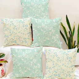 STITCHNEST Green & White Set of 5 Floral Square Cushion Covers-29