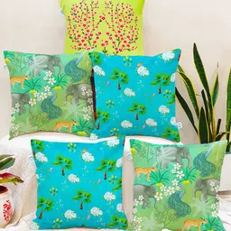 STITCHNEST Green & White Set of 5 Floral Square Cushion Covers-17