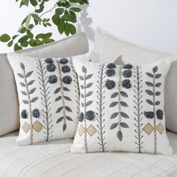 eyda White & Green 2 Pieces Embroidered Square Cotton Cushion Covers-40