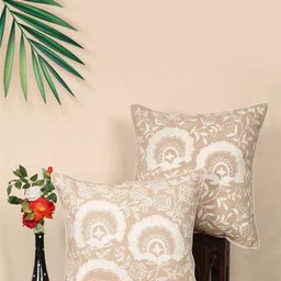 SHADES of LIFE 2 Pieces Beige & White Embroidered Cotton Rectangle Cushion Covers-45