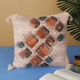 HOSTA HOMES Beige Blue Geometric Cotton Square Cushion Cover-image-96