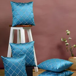 Stuff N' Fluff Blue & Gold toned 5 Pcs Geometric Square Cushion Covers-10