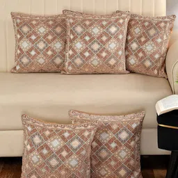 MULTITEX Gold-Toned & Beige 5 Pieces Geometric Cotton Square Cushion Covers-47