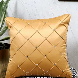 MFD HOME FURNISHING Beige Embellished Satin Square Cushion Cover-38