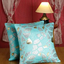 HOSTA HOMES Turquoise Blue & Gold-Toned Set of 2 Embellished Square Cushion Covers-38