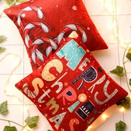 HOSTA HOMES Red & White Set of 2 Christmas Printed Velvet Square Cushion Covers-18