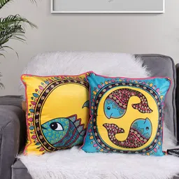 STITCHNEST Yellow & Pink 2 Pieces Ethnic Motifs Printed Velvet Square Cushion Covers-image-89