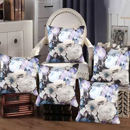 Tesmare Blue & Grey 5-Pieces Floral Printed Velvet Square Cushion Covers-18