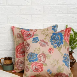 DREAM WEAVERZ Beige & Blue 2 Pcs Floral Velvet Square Cushion Covers-57