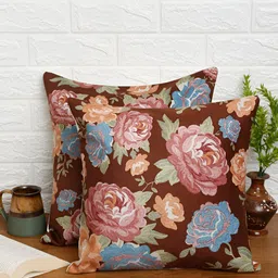 DREAM WEAVERZ Brown & Blue 2 Pcs Floral Velvet Square Cushion Covers-image-27