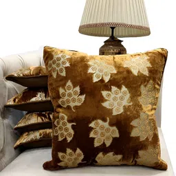 Good Vibes Brown & Gold Toned Floral Textured Velvet Square Cushion Covers-19