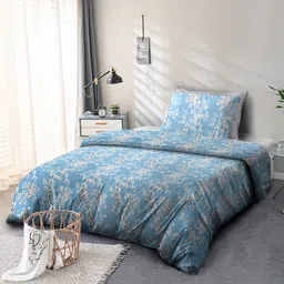 Cortina Blue & White Floral 110 TC Single Bedsheet with 1 Pillow Cover-image-14