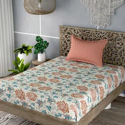 EverHOME White & Blue Floral 180 TC Flat Cotton Single Bedsheet with 1 Pillow Cover-image-62