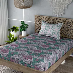 EverHOME Pink & Green Floral 180 TC Flat Cotton Single Bedsheet with 1 Pillow Cover-image-57