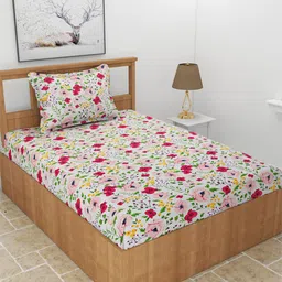 MORADO Pink & White Floral 210 TC Single Bedsheet with 1 Pillow Covers-picture-41