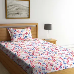 Arrabi White & Pink Floral Printed 300 TC Cotton Single Bedsheet with 1 Pillow Cover-image-89