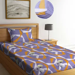 Arrabi Grey Floral 300 TC Cotton Blend Single Size Fitted Bedsheet with 1 Pillow Cover-56