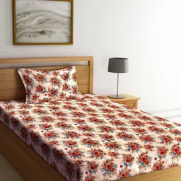 Arrabi Camel Brown Floral 300 TC Single Bedsheet with 1 Pillow Covers-image-49