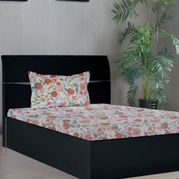 Stylista Off White Floral Cotton 400 TC Single Fitted Bedsheet with Pillow Cover-picture-28
