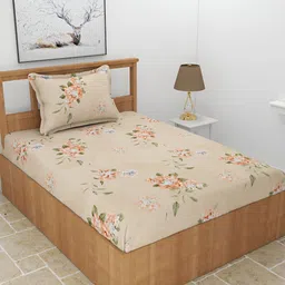 BREVARD Cream Brown Floral 210 TC Single Bedsheet With 1 Pillow Cover-15