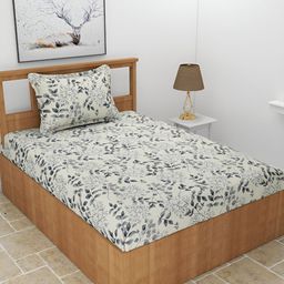 BREVARD Cream, Grey 210 TC Floral Printed Single Bedsheet With 1 Pillow Cover-image-102