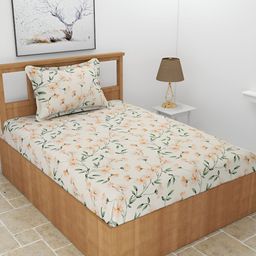 BREVARD Cream-Coloured & Pink Floral 210 TC Single Bedsheet with 1 Pillow Cover-image-91