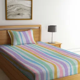 Arrabi White & Pink Striped 300 TC Flat Single Bedsheet With 1 Pillow Cover-45